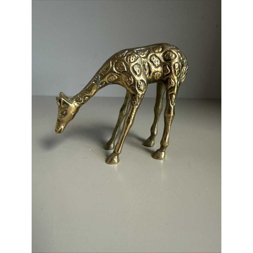 Vintage Solid Brass Giraffe Statue Etched Spots Figurine 3”